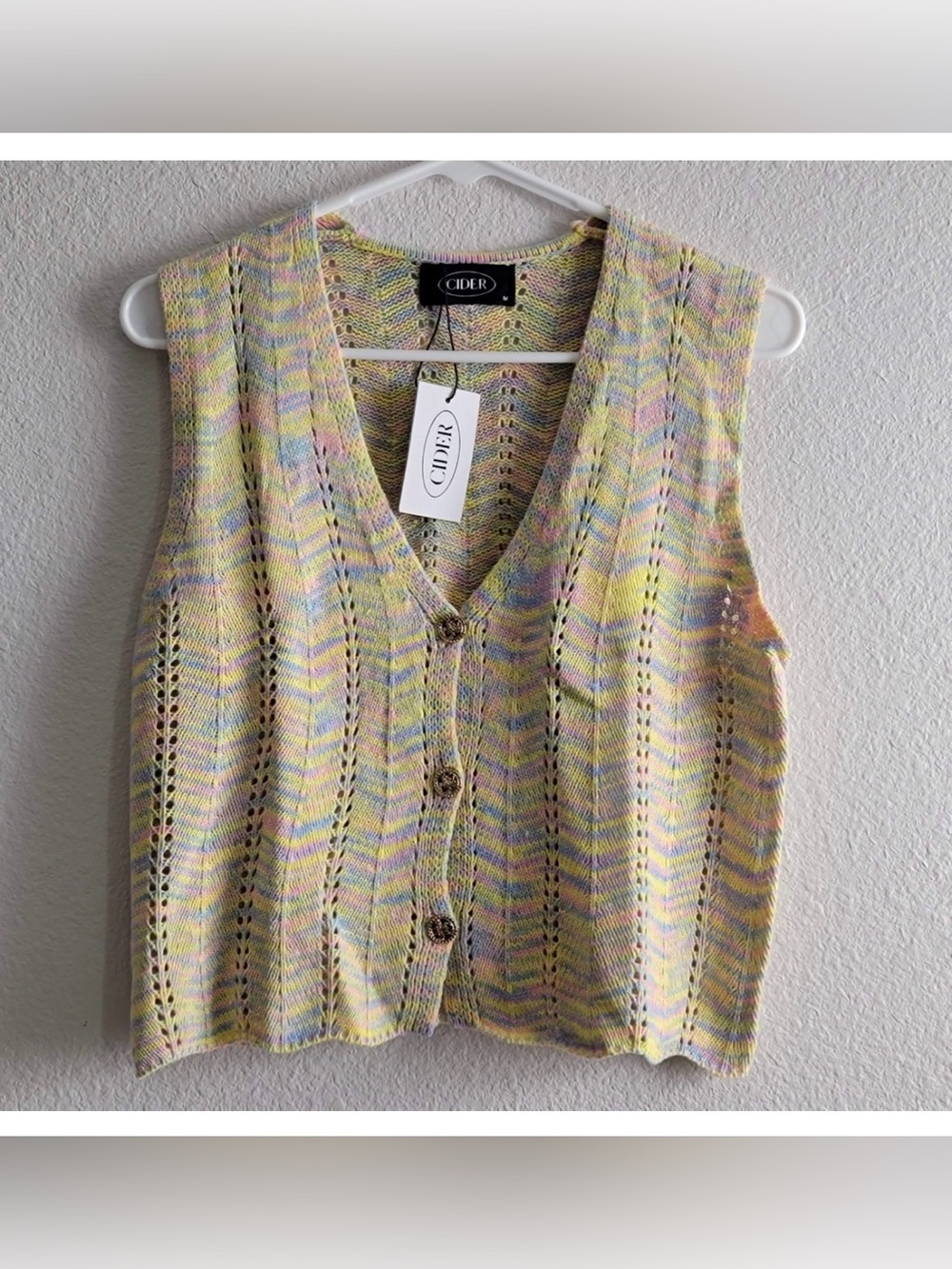 NWT Cider Pastel Yellow Multicolor Knit Button-Front Vest